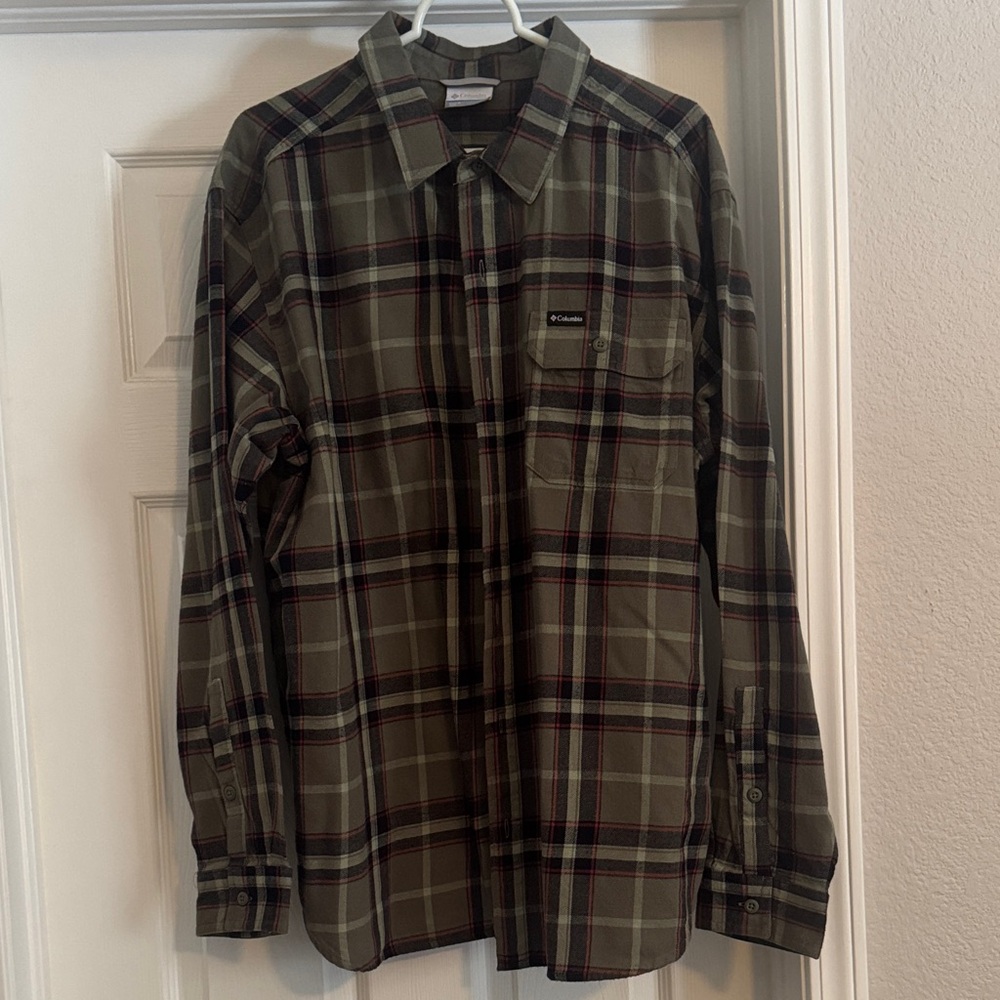 Columbia Flannel Olive and Red Plaid Shirt